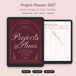 May include: A digital project planner for 2027 displayed on two screens. The left screen shows a dark red cover with the text Projects & Plans, while the right screen displays a Gantt timeline chart with grid lines and task tracking columns.
