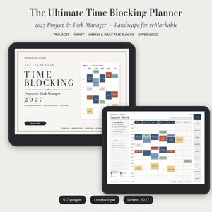 May include: A digital planner for reMarkable tablets titled The Ultimate Time Blocking Planner 2027 Project & Task Manager. It features a landscape layout with hyperlinked weekly and daily time blocks, project tracking, and a sample week view.