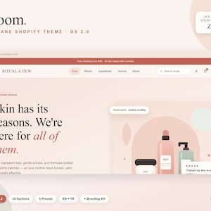 May include: A digital mockup of the Bloom skincare Shopify theme OS 2.0, featuring a website interface for Ritual & Dew. The layout displays a soft peach color palette, product imagery, navigation menus, and text including Skin has its seasons.