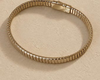 Bracelet jonc souple côtelé en vermeil or 18 carats, argent sterling S925, style Tubogas, fermoir personnalisé