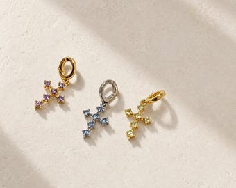 Colgante de cruz con piedras preciosas, colgante de clip de oro vermeil, embellecedor de collar intercambiable, aguamarina, peridoto, moissanita.