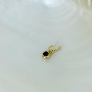 Puede incluir: Un peque&ntilde;o dije de oro con una piedra preciosa redonda de color rojo oscuro engastada en un bisel de oro pulido. El dije incluye una peque&ntilde;a argolla circular unida a un mecanismo de cierre con bisagra para engancharlo a una cadena.