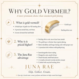 Pode incluir: Um gr&aacute;fico informativo intitulado Why Gold Vermeil? explicando a composi&ccedil;&atilde;o de joias em vermeil. Apresenta um diagrama de corte transversal mostrando uma camada de ouro sobre um n&uacute;cleo de prata esterlina, com texto sobre pre&ccedil;os e a marca Juna Rae.