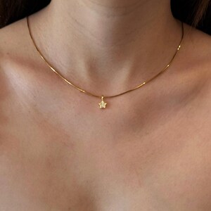 Op de afbeelding: Een dunne gouden ketting met een kleine, vijfhoekige sterhanger. De sterhanger is in het midden van de ketting geplaatst en bevat een enkele, kleine, heldere, fonkelende steen in het midden, rustend aan de basis van de nek.