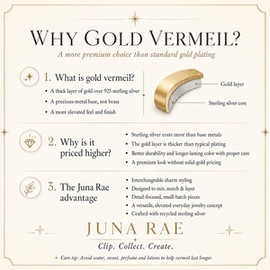 Puede incluir: Un gr&aacute;fico informativo titulado Why Gold Vermeil? que explica la composici&oacute;n de las joyas de vermeil. Incluye un diagrama de secci&oacute;n transversal que muestra una capa de oro sobre un n&uacute;cleo de plata esterlina, con texto sobre precios y la marca Juna Rae.
