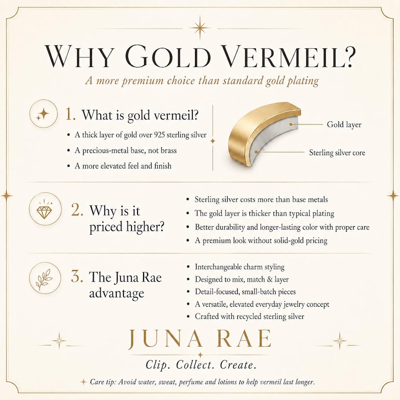 Puede incluir: Un gr&aacute;fico informativo titulado Why Gold Vermeil? que explica la composici&oacute;n de las joyas de vermeil. Incluye un diagrama de secci&oacute;n transversal que muestra una capa de oro sobre un n&uacute;cleo de plata esterlina, con texto sobre precios y la marca Juna Rae.
