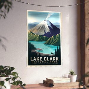 Vintage WPA-affisch med sjöflygplan och vulkan i Alaska, Lake Clark National Park (digital nedladdning)