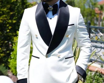 Chaqueta de esmoquin blanca de doble botonadura para hombre / Blazer negro con solapa de chal para bodas a medida