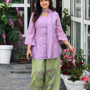 Conjunto de Kurta Mal Chanderi em Algodão com Calça Romana Bordada em Algodão Estilo Balão