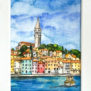 Small Watercolor Watercolour ORIGINAL Painted Painting Rovnij Fishing Port Istrian Peninsula Croatia Dalmatian Croatian Coast Framed Art