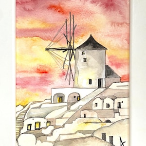 Piccolo acquerello personalizzato ORIGINALE dipinto Grecia Santorini Oia mulino a vento tramonto paesaggio costa decorazione arte incorniciata regalo
