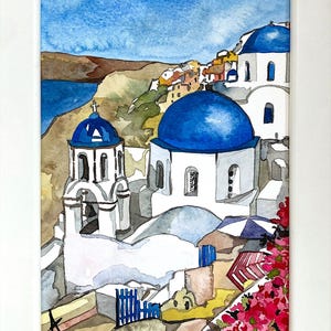 Piccolo paesaggio personalizzato Grecia Santorini greco costa acquerello acquerello originale dipinto a mano decorazione da parete arte incorniciata regalo