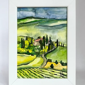 Small Custom Watercolor Watercolour Painting ORIGINAL Tuscany Italian Landscape Hills Scenery Hand Painted Art Wall Home Decor Framed Gift