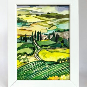 Small Custom Watercolor Watercolour Painting ORIGINAL Val d&#39;Orcia Tuscany Italy Italian Tuscan Landscape Green Hill Cypress Tree Framed Gift