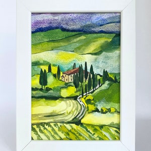 Small Custom Watercolor Watercolour Painting ORIGINAL Val d&#39;Orcia Tuscany Italy Italian Tuscan Landscape Green Hill Cypress Tree Framed Gift
