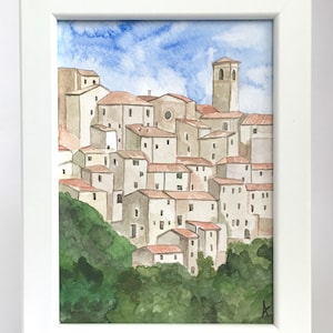 Small Painting Mediterranean Italian Italy Tuscany Tuscan Town Sorano Grosseto Landscape Watercolor Watercolour ORIGINAL Wall Art Frame Gift