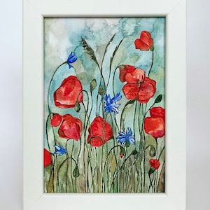 Small Custom Watercolor Watercolour Painting ORIGINAL Red Poppies Blue Cornflowers Poppy Flowers Field Wildflowers Home Decor Framed Gift
