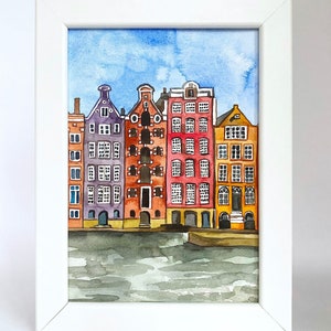 Kleines Aquarell Aquarellbild Amsterdam holländische Grachten Häuser Kanäle Boote Straßen Holland Niederlande ORIGINAL Kunstgeschenk gerahmt