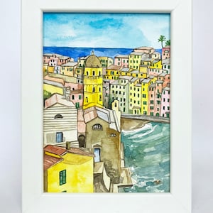 Small ORIGINAL Watercolor Watercolour Painting Vernazza Cinque Terre Italy Santa Margherita di Antiochia Church Fishing Italian Town Gift