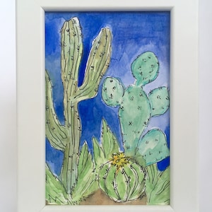 Piccolo personalizzato cactus piante di cactus blu verde acquerello acquerello tecnica mista originale pittura arte parete decorazioni per la casa cornice regalo di inaugurazione della casa