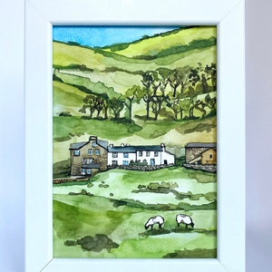 小さなカスタム水彩画 水彩画 オリジナル グリーンヒルズフィールド デボン イギリスの田舎風景 アート 壁 ホームデコレーション 額入りギフト