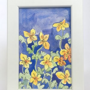 Piccoli fiori gialli astratti personalizzati Prato di fiori Acquerello Acquerello Tecnica mista ORIGINALE Pittura Arte Parete Decorazioni per la casa Regalo incorniciato