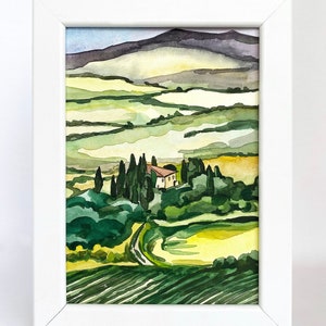 Small Custom Watercolor Watercolour Painting ORIGINAL Val d&#39;Orcia Tuscany Italy Italian Tuscan Landscape Green Hill Cypress Tree Framed Gift
