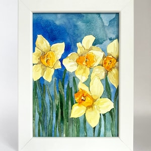 Kleines Aquarellbild gelbe Narzissen Blumen botanisches Aquarell Malerei ORIGINAL Kunst Wanddekoration gerahmtes Bild Geschenk Dekoration