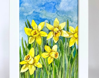 Small Custom Yellow Daffodils Flowers Nature Botanical Watercolor Watercolour Painting ORIGINAL Art Wall Home Decor Framed Gift Decoration