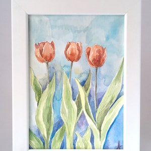Kleines Aquarellbild Aquarell rote Tulpen Tulpenblumen Blumen ORIGINAL Handgemalte Kunst Malerei Wanddekoration Gerahmte Innendekoration