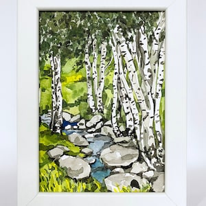 Small Custom Watercolor Watercolour Painting ORIGINAL Birch Trees Forest Stream Green Hills Countryside Landscape Home Decor Framed Gift