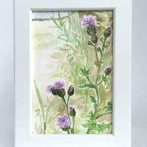 Piccolo personalizzato rosa verde spiaggia cardo fiore acquerello acquerello tecnica mista pittura pittura originale arte parete Home Decor regalo incorniciato