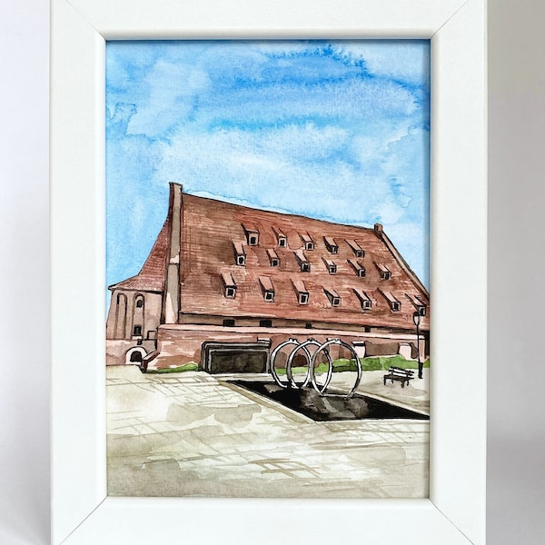 Small Watercolor Watercolour Painting ORIGINAL Art Historic Building Great Mill 14th Century Amber Museum Gdansk Poland Polish Framed Gift