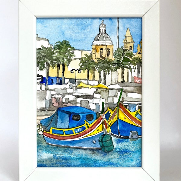 Petit Malte personnalisé Marsaxlokk La Valette bateaux maltais scène aquarelle aquarelle ORIGINAL peint peinture murale décoration d'intérieur encadré Art cadeau