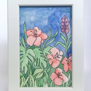 Piccolo personalizzato tropicale hawaiano rosa fiori di ibisco acquerello acquerello media mista originale pittura arte parete Home Decor regalo incorniciato