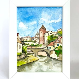 Piccolo dipinto ad acquerello ad acquerello ORIGINALE Arte Semur-en-Auxois Borgogna Borgogna Francia Paesaggio francese Decorazione cornice regalo