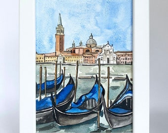 Petite peinture aquarelle personnalisée ORIGINAL Venezia Venise Vénétie Gondole bateaux Basilique Campanile Saint-Marc Italie Cadre mural cadeau