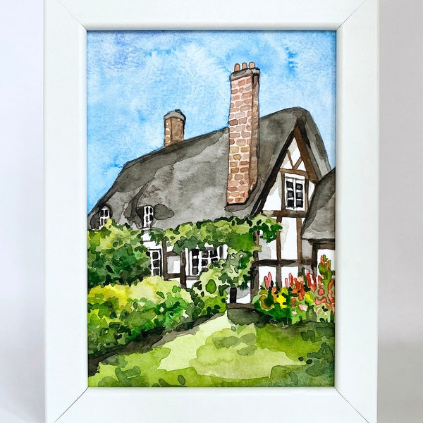 Small Watercolor Watercolour Painting ORIGINAL Tudor Farm House With Thatched Roof England English Village Countryside Landscape Framed Art