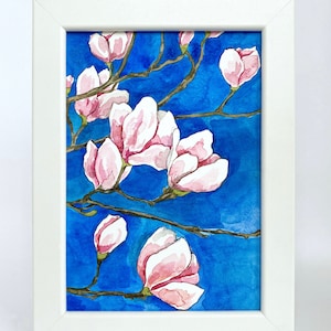 Small Custom Pink Magnolia Tree Magnolias Flowers Floral Watercolor Watercolour Painting ORIGINAL Home Decor Framed Gift Kitchen Decoration