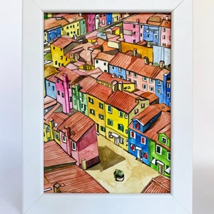 Burano Italy Watercolor Watercolour Small Painting Framed Vibrant Venetian Waterfront Colorful Houses Scenic Italian Island Coastal Art Gift