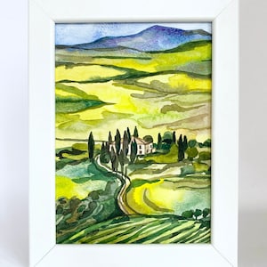 Small Custom Watercolor Watercolour Painting ORIGINAL Val d&#39;Orcia Tuscany Italy Italian Tuscan Landscape Green Hill Cypress Tree Framed Gift