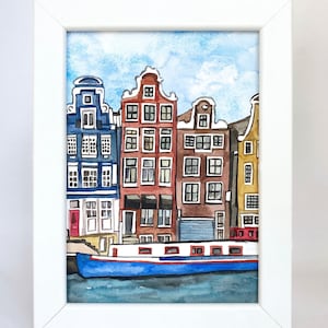 Small Watercolour Watercolor Painting Amsterdam Dutch Grachten Houses Canals Boats Streets Holland Netherlands ORIGINAL Art Gift Framed