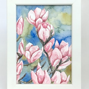 Small Custom White Pink Magnolias Magnolia Flower Floral Tree Watercolor Watercolour Painting ORIGINAL Hand Painted Painting Art Wall Framed