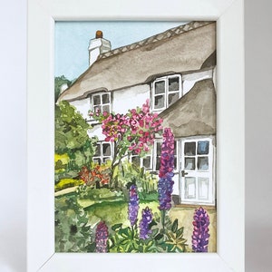 Small Watercolor Watercolour Painting ORIGINAL Farm House With Thatched Roof England English Village Countryside Landscape Framed Art Gift