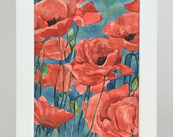 Petite aquarelle personnalisée peinture originale bleu coquelicot rouge coquelicots fleurs fleurs sauvages champ art mur décoration murale encadré art cadeau