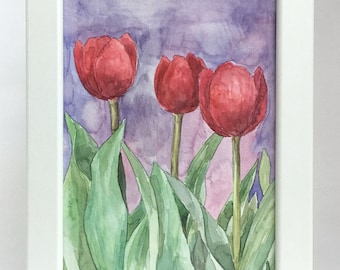 Tulipanes rojos acuarela original pequeña pintura enmarcada arte floral pintado a mano obra de arte botánico flores vibrantes decoración de pared regalo