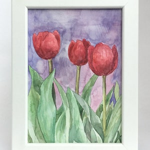 Kleines Aquarellbild Aquarell lila rote Tulpen Blumen Blumenfeld ORIGINAL Handgemalte Malerei Kunst Wanddekoration Gerahmtes Bild Geschenk