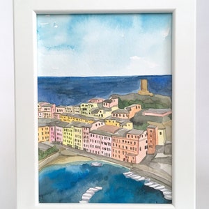 Small Watercolor Watercolour Framed Painting ORIGINAL Vernazza Cinque Terre Italian Cityscape Landscape Fishing Village Italian Riviera Gift