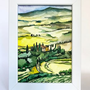 Small Custom Watercolor Watercolour Painting ORIGINAL Val d&#39;Orcia Tuscany Italy Italian Tuscan Landscape Green Hill Cypress Tree Framed Gift