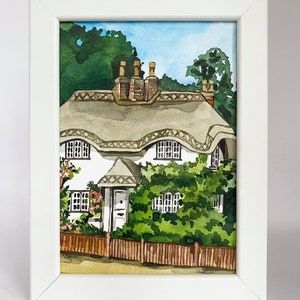 Small Watercolor Watercolour Painting ORIGINAL Farm House With Thatched Roof England English Village Countryside Landscape Framed Art Gift